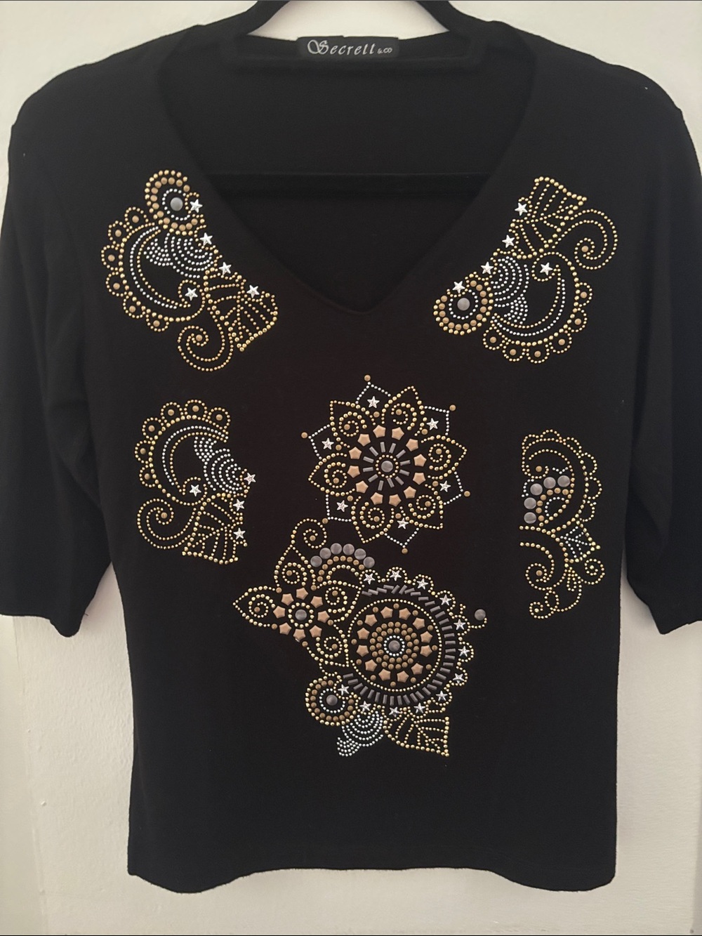 Pretty and Stylish Black V-Neck Top with Gold & Silver Embellishments. Medium